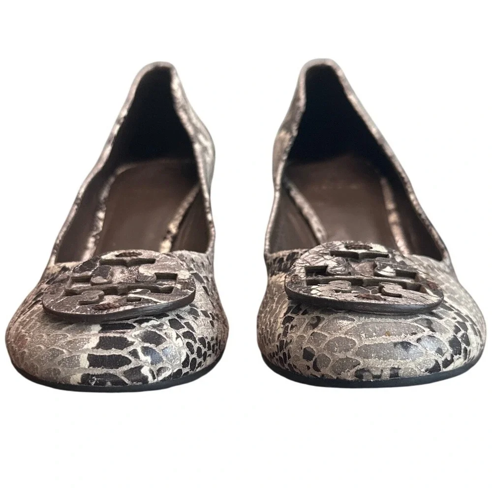 Tory Burch Claire Snake Embossed Python Block Heel Pumps Gray Black 8.5